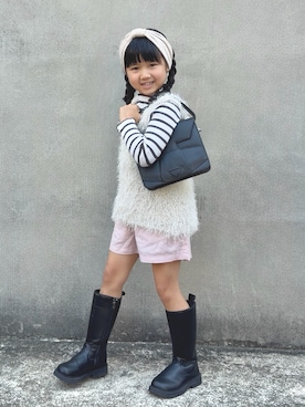 「BREEZE（ブリーズ）のボーダーリブロンT（Tシャツ/カットソー、ブラック系）」を使った、KANOさん（キッズ・110cm）の春コーディネート