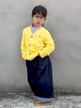 「LOWRYS FARM（ローリーズファーム）のベルトツキワイドパンツ　607549（デニムパンツ、ブルー系）」を使った、KANOさん（キッズ・110cm）の春コーディネート