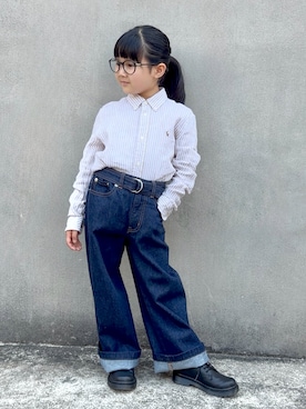 「LOWRYS FARM（ローリーズファーム）のベルトツキワイドパンツ　607549（デニムパンツ、ブルー系）」を使った、KANOさん（キッズ・110cm）の春コーディネート