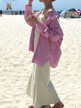 「mystic（ミスティック）のストライプシャツ（シャツ/ブラウス、ピンク系）」を使った、みむさん（レディース・164cm）の秋コーディネート