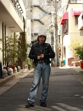 「古着好きな人と繋がりたい」｜「アイテム（ライダースジャケット）」を使った、NANAさん（レディース・151cm）の春コーディネート