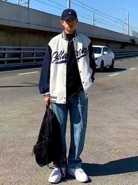 「no brand（ノーブランド）のアイテム（スタジャン）」を使った、wearyystyleさん（メンズ・176cm）の秋コーディネート