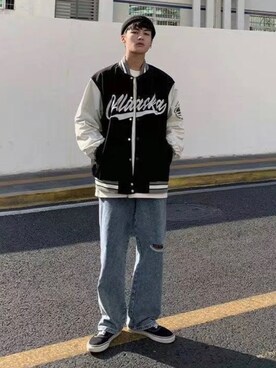 「no brand（ノーブランド）のアイテム（スタジャン）」を使った、wearyystyleさん（メンズ・173cm）の秋コーディネート