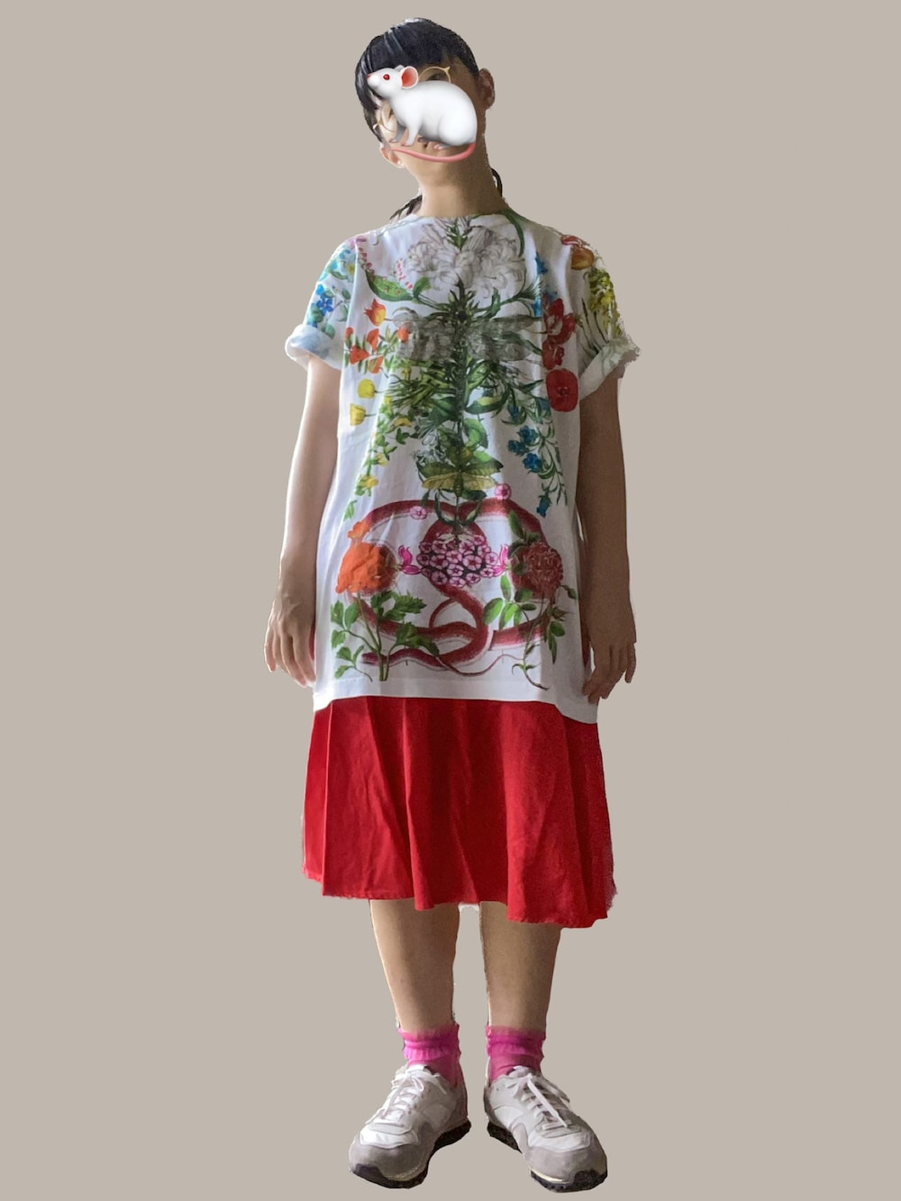 「休日コーデ、ビッグシルエット、ボタニカル柄」｜「AHCAHCUM.muchachaのアイテム（Tシャツ/カットソー、その他）」を使った、natsukiさん（レディース・152cm）の夏コーディネートの1枚目の写真