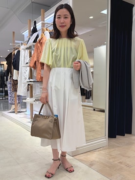 「NOLLEY’S（ノーリーズ）の【BECシリーズ】ウォッシャブルリネン混袖フリルブラウス（シャツ/ブラウス、イエロー系）」を使った、 nolleys   sugimo  さん（レディース・159cm）の夏コーディネート