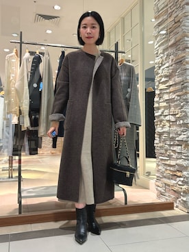 「NOLLEY’S Sophi（ノーリーズソフィ）のアイテム（ノーカラーコート）」を使った、 nolleys   sugimo  さん（レディース・159cm）の秋コーディネート