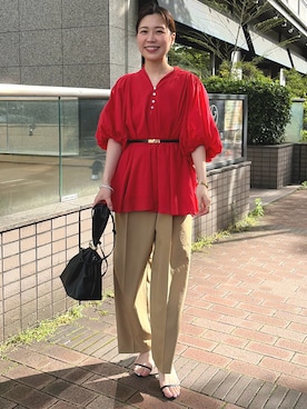 「NOLLEY’S（ノーリーズ）のウォッシャブルハンドスモックバルーン袖ブラウス（シャツ/ブラウス、レッド系）」を使った、 nolleys   sugimo  さん（レディース・159cm）の春コーディネート