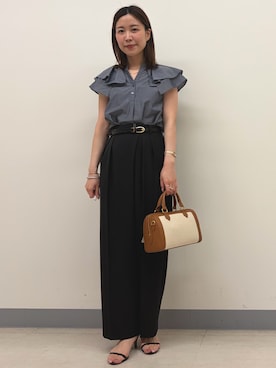 「NOLLEY’S（ノーリーズ）のウォッシャブルラップ風ワイドパンツ（その他パンツ、ブラック系）」を使った、 nolleys   sugimo  さん（レディース・159cm）の夏コーディネート