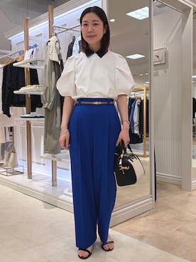 「NOLLEY’S（ノーリーズ）のウォッシャブルドライツイルワイドパンツ（その他パンツ、ブルー系）」を使った、 nolleys   sugimo  さん（レディース・159cm）の春コーディネート