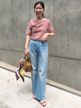 「NOLLEY’S（ノーリーズ）の《接触冷感》ウォッシャブルシアーベロア2WAYプルオーバー（Tシャツ/カットソー、ピンク系）」を使った、 nolleys   sugimo  さん（レディース・159cm）の夏コーディネート