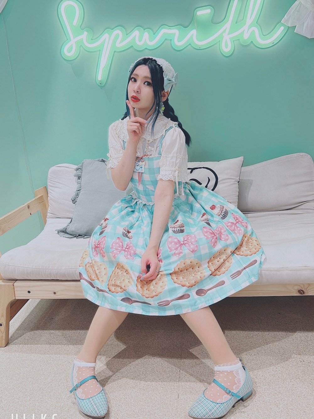 「今日のコーデ、ロリィタ、ロリィタファッション、ロリータファッション、lolitafashion、lolita、甘ロリ、スイーツモチーフ、普段着でごめん遊ばせ、着たい服を着る」｜「Emily Temple cuteのアイテム（ジャンパースカート、グリーン系）」を使った、koto7777さん（レディース・157cm）の夏コーディネートの1枚目の写真