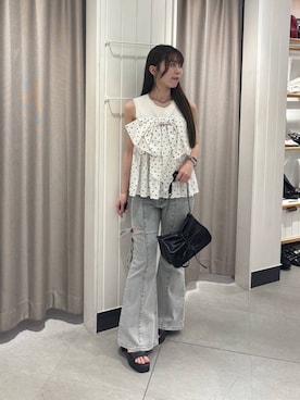 「Heather（ヘザー）のリボンショルダーBAG　129447（ショルダーバッグ、ブラック系）」を使った、ERiNAさん（レディース・153cm）の夏コーディネート