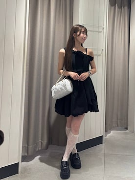 「Heather（ヘザー）の厚底スクエアローファー　1047005（ローファー、ブラック系）」を使った、ERiNAさん（レディース・153cm）の夏コーディネート
