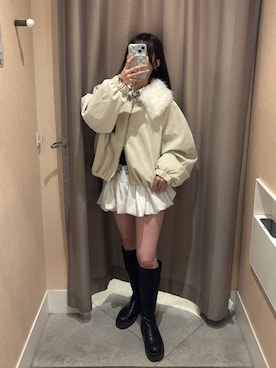 「Heather（ヘザー）のレイヤードバルーンミニスカート　1051887（スカート、ホワイト系）」を使った、ERiNAさん（レディース・153cm）の秋コーディネート