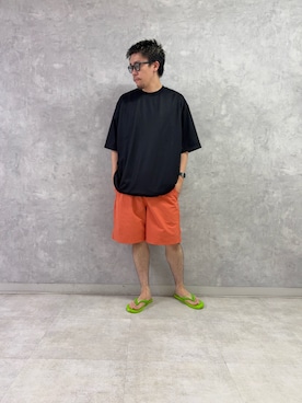 「EKAL（エカル）の『UR TECH/撥水/UVカット』ナイロンタッサーフェスショーツ（その他パンツ、オレンジ系）」を使った、enotaku0905さん（メンズ・173cm）の夏コーディネート