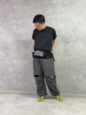 「EKAL（エカル）の『別注』MEGANEROCK×EKAL　KOREMO Type2（メガネ、ベージュ系）」を使った、enotaku0905さん（メンズ・173cm）の夏コーディネート