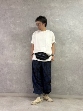 「EKAL（エカル）の『別注』MEGANEROCK×EKAL　KOREMO Type2（メガネ、ベージュ系）」を使った、enotaku0905さん（メンズ・173cm）の夏コーディネート