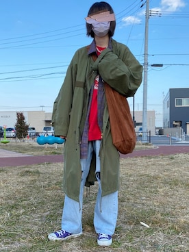 「チェックシャツ」｜「アイテム（モッズコート）」を使った、miさん（レディース・163cm）の春コーディネート
