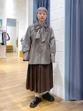 「LOWRYS FARM（ローリーズファーム）のビックボウタイチェックシャツ  573050（シャツ/ブラウス）」を使った、omizo555さん（レディース・153cm）の秋コーディネート