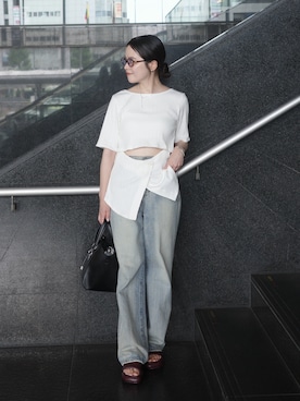 「sahara（サハラ）の2way Half Sleeve Top｜2way半袖カットソー（Tシャツ/カットソー、ホワイト系）」を使った、wakaさん（レディース・158cm）の夏コーディネート