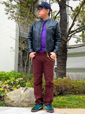 「アイテム（ライダースジャケット）」を使った、melOnさん（メンズ・173cm）の春コーディネート