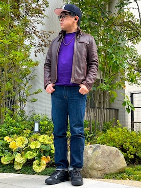 「アイテム（ライダースジャケット）」を使った、melOnさん（メンズ・173cm）の秋コーディネート