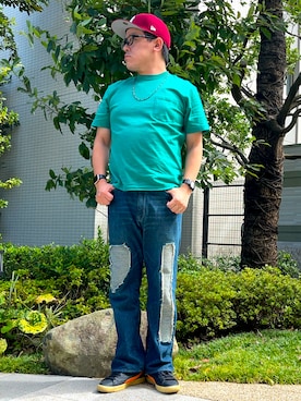 「HANES（ヘインズ）の【Hanes/ヘインズ】（UN）ビィーフィーTシャツ（Tシャツ/カットソー、グリーン系）」を使った、melOnさん（メンズ・173cm）の秋コーディネート