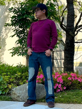 「GILDAN（ギルダン）の【お気に入り数7万人突破】GILDAN(ギルダン) /ベーシックロングスリーブTシャツ コットン100% ビッグ シルエット スーパーオーバー サイズカラバリ豊富 長袖 ロンT 6.0オンス（Tシャツ/カットソー、レッド系）」を使った、melOnさん（メンズ・173cm）の春コーディネート