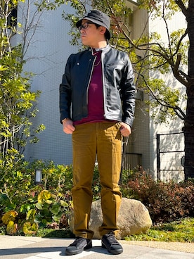 「アイテム（ライダースジャケット）」を使った、melOnさん（メンズ・173cm）の春コーディネート