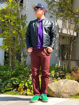 「アイテム（ライダースジャケット）」を使った、melOnさん（メンズ・173cm）の春コーディネート