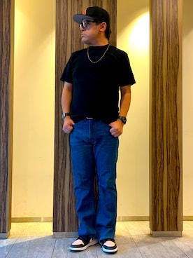「HANES（ヘインズ）の【Hanes】KURO クルーネックTシャツ　HM1-B201 / HM1-D202（Tシャツ/カットソー、ブラック系）」を使った、melOnさん（メンズ・173cm）の秋コーディネート