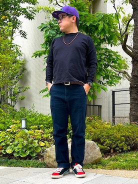 「HANES（ヘインズ）の【別注】 ＜Hanes（ヘインズ）＞ BEEFY-T LONG SLEEVE TEE/ビーフィー（Tシャツ/カットソー、ブラック系）」を使った、melOnさん（メンズ・173cm）の春コーディネート