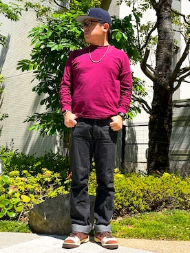 「GILDAN（ギルダン）の【お気に入り数7万人突破】GILDAN(ギルダン) /ベーシックロングスリーブTシャツ コットン100% ビッグ シルエット スーパーオーバー サイズカラバリ豊富 長袖 ロンT 6.0オンス（Tシャツ/カットソー、レッド系）」を使った、melOnさん（メンズ・173cm）の春コーディネート