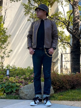 「アイテム（ライダースジャケット）」を使った、melOnさん（メンズ・173cm）の春コーディネート