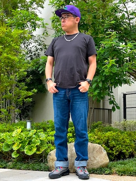 「United Athle（ユナイテッドアスレ）の【UNITED ATHLE】5.6オンスハイクオリティークルーネックショートスリーブTシャツ 半袖カットソー 無地T（Tシャツ/カットソー）」を使った、melOnさん（メンズ・173cm・40代）の夏コーディネート
