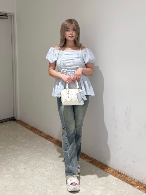 Olive des Olive ドロストオフショルチュニック サックスブルー オフショルチュニック | OLIVE des OLIVE(オリーブ デ オリーブ