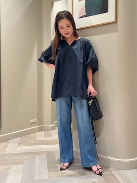 「ROPE'（ロペ）の【エディター三尋木奈保さんコラボ】前後2WAY華やぎバルーンスリーブブラウス【雑誌掲載】（シャツ/ブラウス）」を使った、tsukaさん（レディース・155cm）の夏コーディネート