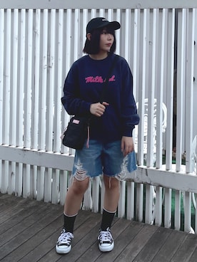 「MILKFED.」｜「アイテム（スウェット）」を使った、MOMOさん（レディース・150cm）の夏コーディネート