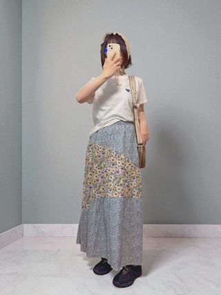 サマンサモスモス✿花柄パッチワークティアードスカート セール】 花柄パッチワークティアードスカート（イエロー/ブルー