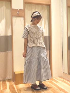 「かぎあみベスト」｜risaさん（レディース・154cm）の夏コーディネート