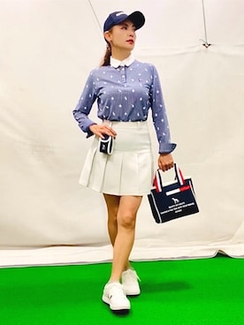 「adabat（アダバット）の【ADABAT NAVY】モノグラムサッカー長袖ポロシャツ（Tシャツ/カットソー、ホワイト系）」を使った、lennie12さん（レディース・162cm）の夏コーディネート