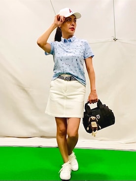 「adabat（アダバット）の【ADABAT NAVY】吸水速乾/UVカット　ロゴサマープリント半袖ポロシャツ（Tシャツ/カットソー、ブルー系）」を使った、lennie12さん（レディース・162cm）の夏コーディネート