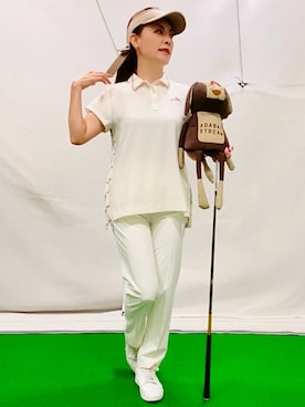 「adabat（アダバット）の【UVケア】バックシアー半袖ポロシャツ（ポロシャツ、ホワイト系）」を使った、lennie12さん（レディース・162cm）の夏コーディネート