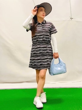 「adabat（アダバット）の吸水速乾/UVカット/エコ　クールコアウエイブボーダーワンピース（ワンピース、ブラック系）」を使った、lennie12さん（レディース・162cm）の夏コーディネート