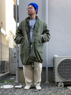 「アイテム（ノーカラーコート）」を使った、たいやまさん（メンズ・168cm）の冬コーディネート