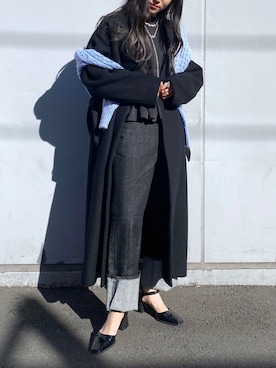 「オールブラック」｜「アイテム（ノーカラーコート）」を使った、simさん（レディース・151cm）の秋コーディネート