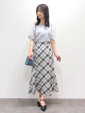 「index（インデックス）のシアーバルーンスリーブトップス【洗濯機OK/接触冷感/UVケア】（Tシャツ/カットソー、ブルー系）」を使った、kozuさん（レディース・148cm）の春コーディネート