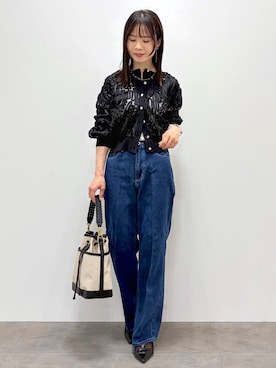 「index（インデックス）のシアー幾何刺繍カーディガン【洗濯機OK】（カーディガン/ボレロ、ブラック系）」を使った、kozuさん（レディース・148cm）の春コーディネート