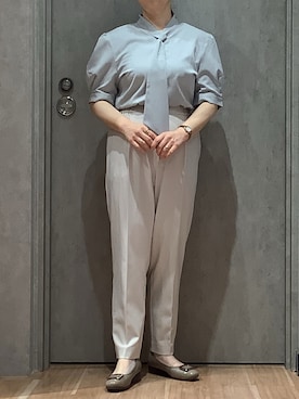 「TOKYO SHIRTS（トウキョウシャツ）の【吸水速乾】【COFREX】ループボウタイ ブラウス 五分袖 レディースデザインシャツ（シャツ/ブラウス、グレー系）」を使った、BRICK HOUSE by Tokyo Shirts 札幌発寒イオンモール店さん（レディース・156cm）の夏コーディネート