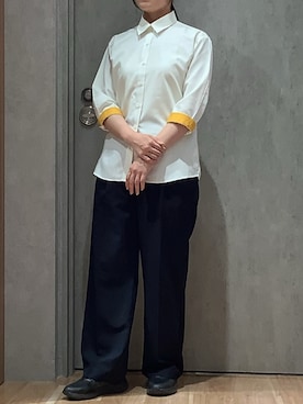 「TOKYO SHIRTS（トウキョウシャツ）の【透け防止】 形態安定ノンアイロン レギュラー 7分袖ビジネスワイシャツ（ビジネスシャツ、イエロー系）」を使った、BRICK HOUSE by Tokyo Shirts 札幌発寒イオンモール店さん（レディース・156cm）の夏コーディネート